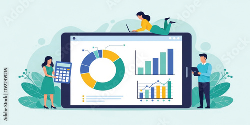Business Data Analytics Dashboard with Team Analyzing Financial Charts, Reports, and Statistics for Performance Monitoring, Strategy Planning, and Digital Marketing Insights