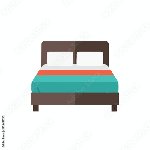 Cozy Bed with Brown Frame and Colorful Blankets