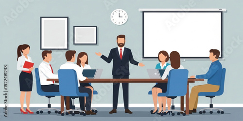 Business Meeting and Team Presentation in Conference Room with Manager Leading Discussion, Corporate Training, and Office Collaboration for Professional Workplace Concept