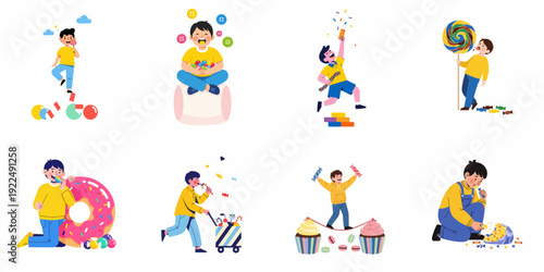 Whimsical cartoon boys enjoying a variety of colorful sweets, candies, and desserts in imaginative, joyful scenarios, celebrating childhood indulgence.