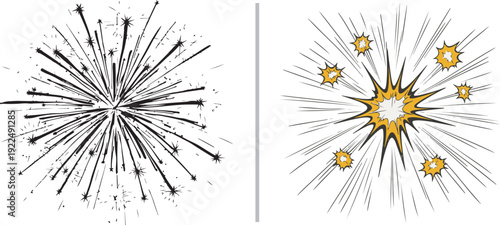 Two stylized explosion vectors: a black-and-white radial starburst with fine lines and a comic-style blast with orange-yellow bursts and bold jagged outlines.
