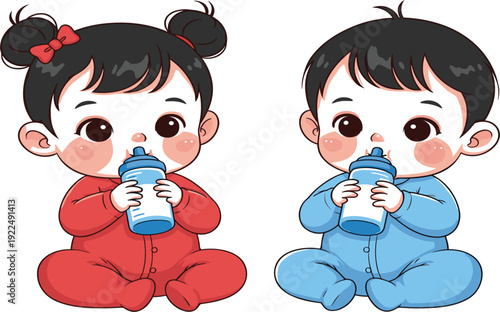 Cute Baby Boy and Girl Sitting with Milk Bottle Cartoon Characters Set for Parenting Childhood Nursery Products and Kids Illustration Design