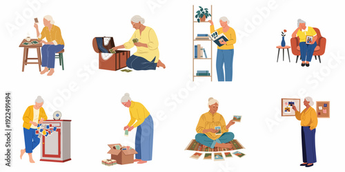 Elderly women engaging with old photographs and albums, reflecting on cherished memories, organizing personal history, and experiencing a range of emotions in various domestic settings.