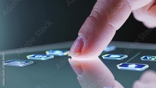 Close-up of a finger tapping on a touchscreen tablet displaying various application icons, reflecting light and creating a modern digital interaction scene