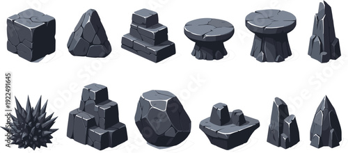Set of 3D Stylized Gray Rock and Stone Game Assets Featuring Boulders, Platforms, Cliffs, and Mineral Formations for RPG Environment Design and Level Mapping