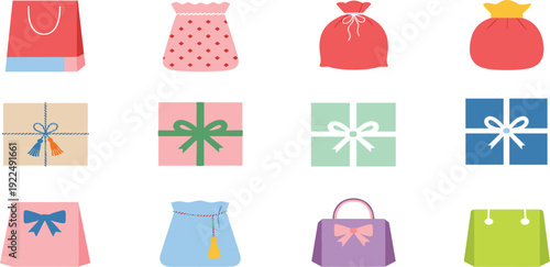 Gift Bag and Present Box Icon Set with Shopping Bags Wrapped Gifts and Decorative Packaging for Holiday Celebration Retail and E Commerce Vector Design