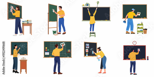 People Cleaning and Maintaining Blackboards in School Classrooms