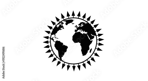 Black and white illustration of the Earth surrounded by a sunburst.