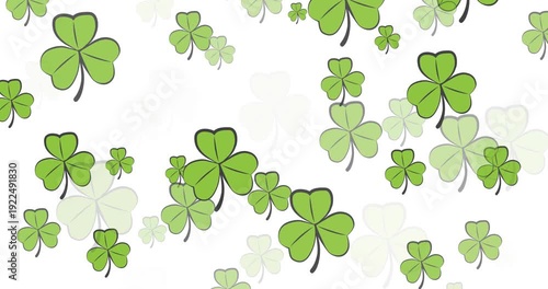 Digital animation of multiple clover leaves floating against white background