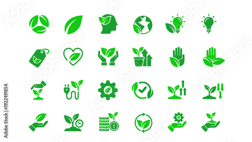 Nature and organic eco icon set in green flat design featuring leaves, recycling, eco homes, sustainable farming, water conservation, and environmental protection concepts.