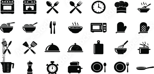 Kitchen Cooking Icon Set with Utensils Oven Stove Timer Chef Hat and Food Preparation Symbols for Restaurant Menu and Culinary Vector Design
