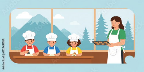Kids Cooking Class with Chef Teaching Children Baking Cookies in Kitchen Classroom for Culinary Education, Learning Activities, and Fun Food Preparation Illustration