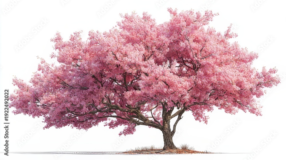 Fototapeta premium Beautiful pink cherry blossom tree in full bloom isolated on white background. Spring nature and floral concept with copy space.