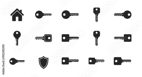 Versatile collection of monochrome vector icons featuring various keys, a house, and a shield, representing digital security, home access, privacy, and protection in graphic design