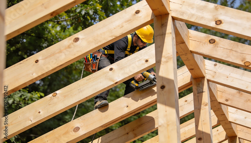 Construction worker using nail gun on wooden roof structure while wearing yellow hard hat and tool belt with various hand tools