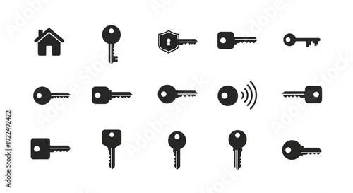 Vector icon collection of keys and security elements for digital interfaces and graphic design, featuring house access, modern locking mechanisms, and abstract key shapes