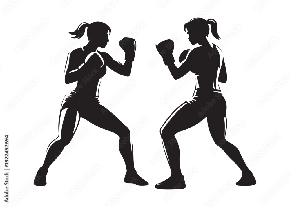 Fototapeta premium two woman boxer logo silhouette vector, woman in boxing gloves silhouette vector illustration, boxing woman logo silhouette, powerful female boxer logo vector silhouette on white background