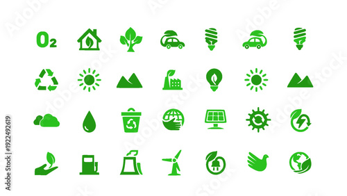 Renewable energy and clean technology icon collection featuring solar panels, wind turbines, electric vehicles, recycling symbols, water drops, and eco homes.