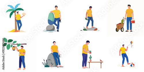 Man enjoying diverse outdoor activities and leisure. Illustrations showcasing hobbies like beach relaxation, nature exploration, gardening, and simple outdoor joys.