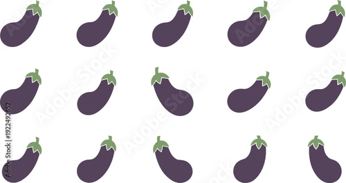Eggplant icon collection with simple purple vegetable illustrations representing healthy food, cooking ingredients, and fresh produce in flat vector style