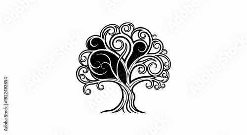 Ornate black tree illustration with swirling branches and leaves