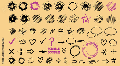 A minimalist composition featuring hand drawn check marks crosses swirls and abstract shapes on a beige background