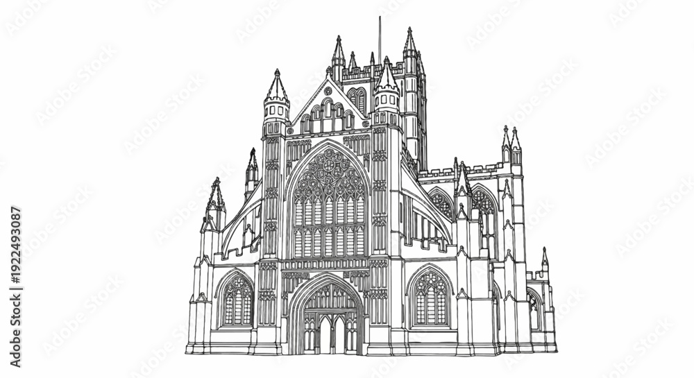 Fototapeta premium Ornate cathedral facade with arched windows and spires, detailed line drawing