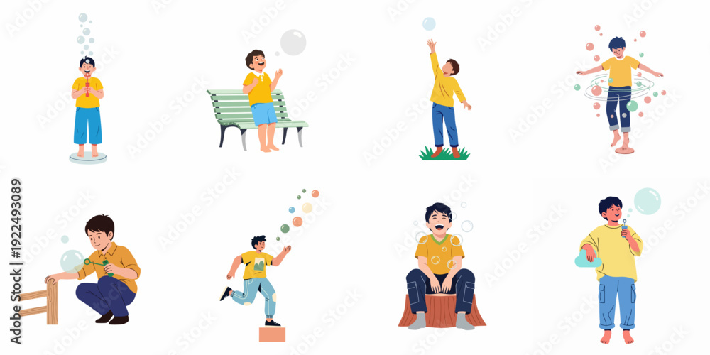 Fototapeta premium Joyful children interacting with bubbles in diverse playful poses, showcasing happiness and imagination.