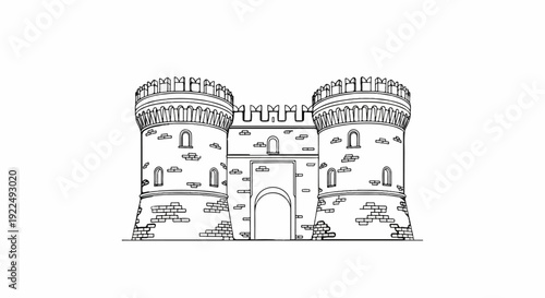 Ornate castle gate with two round towers and crenellations