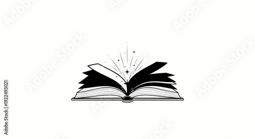 Open book with pages spread, emitting magical sparkles and starlight