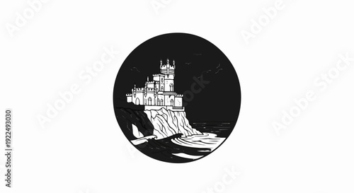 Ornate castle perched dramatically on a cliff overlooking the sea at dusk