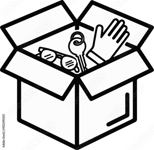 Open box containing eyeglasses, a key, and a glove