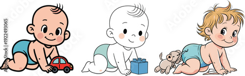 Cute cartoon babies crawling with toys, happy infant characters in diapers playing with car, teddy bear, and blocks illustration vector art.