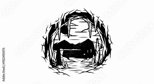 Ornate cave entrance reveals serene mountain lake and forest scene