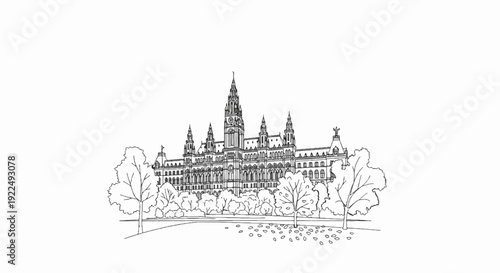 Ornate building with towers and spires, surrounded by trees in a park