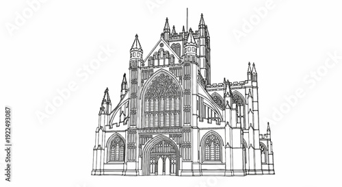 Ornate cathedral facade with arched windows and spires, detailed line drawing