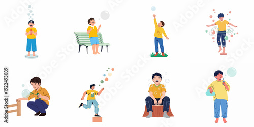 Joyful children interacting with bubbles in diverse playful poses, showcasing happiness and imagination.