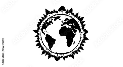 Black and white illustration of the Earth with a circular frame.