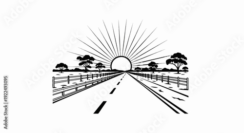 Open road leading to sunrise with stylized trees and fence
