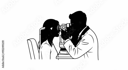 Optometrist examines a patient's eyes with a refractor