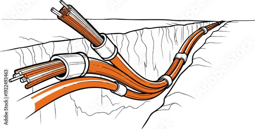 Orange cables emerging from a trench, showing internal structure within the conduit