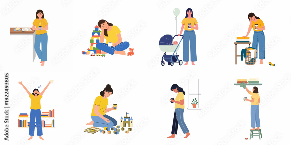 Naklejka premium A collection of illustrations depicting a tired woman's daily struggles with motherhood, household chores, and the constant need for coffee to stay awake and productive.