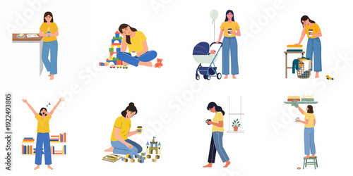 A collection of illustrations depicting a tired woman's daily struggles with motherhood, household chores, and the constant need for coffee to stay awake and productive.