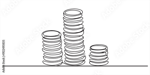 Stacks of coins penny cents. Continuous one line drawing, Stacks of coins of different heights, cents, pennies one line art. Continuous line drawing of bank, money, finance, financial, payment, data.