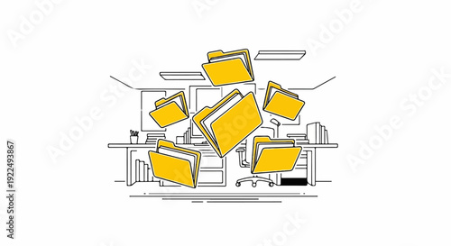 Organized chaos of floating folders and an office desk with a computer