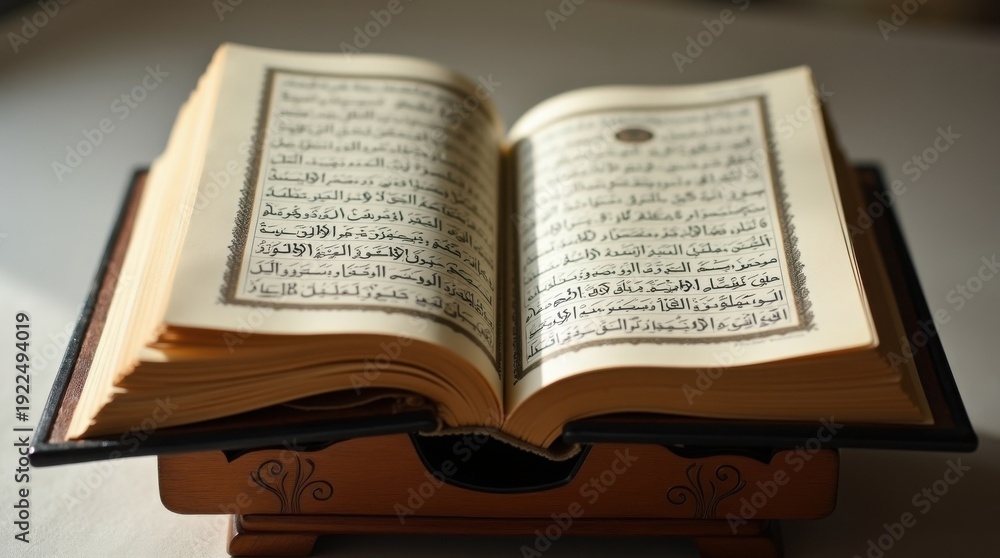 Fototapeta premium An open book with Arabic script on a wooden stand