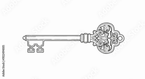 Ornate antique key with decorative scrollwork on the bow and a complex bit