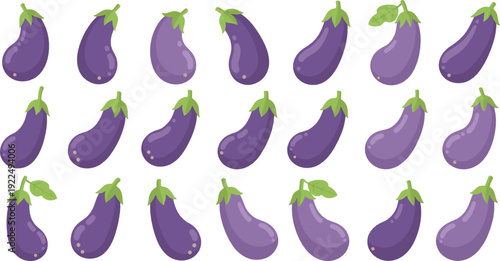 Eggplant vegetable icon set flat vector collection of fresh purple aubergines isolated on light background