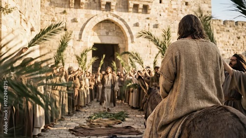 Cinematic biblical scene of jesus christ riding a donkey entering the ancient stone city gates of jerusalem surrounded by a joyful welcoming crowd holding green palm branches on palm sunday