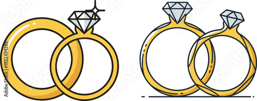 Elegant Illustration of Gold Wedding Rings with Diamonds, Symbolizing Love, Commitment, Engagement, and Marriage Celebration for Vector Content